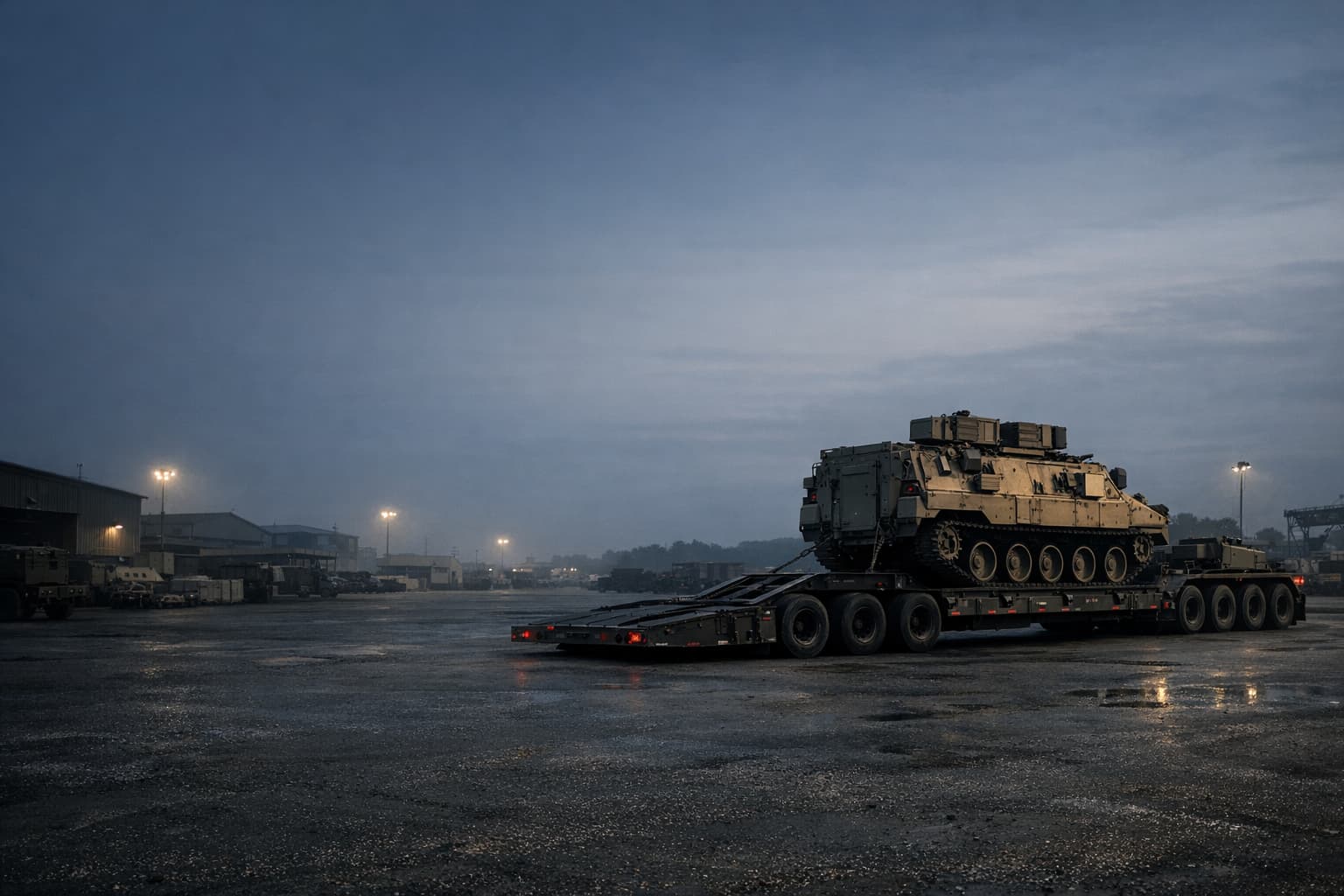 Heavy-haul military support vehicle transport scene