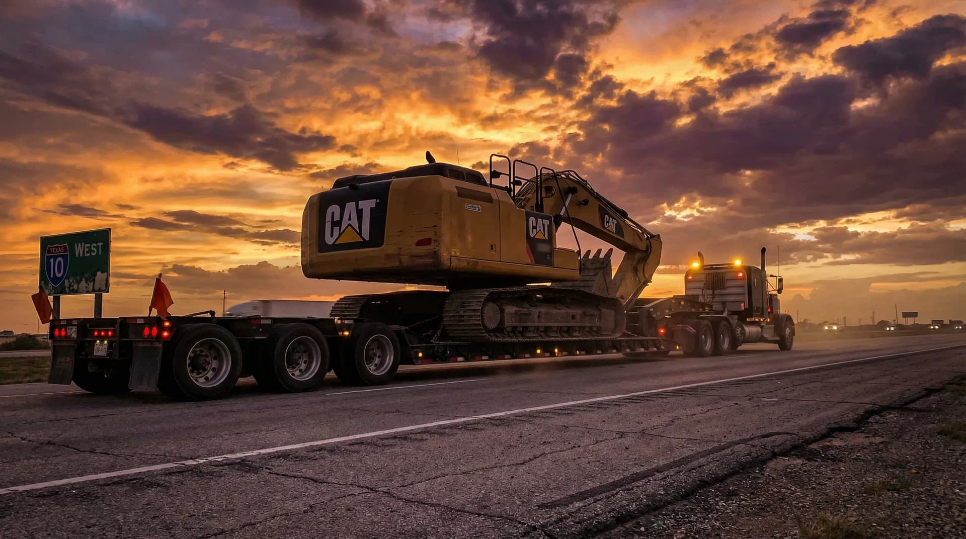 Heavy construction equipment being hauled on a trailer