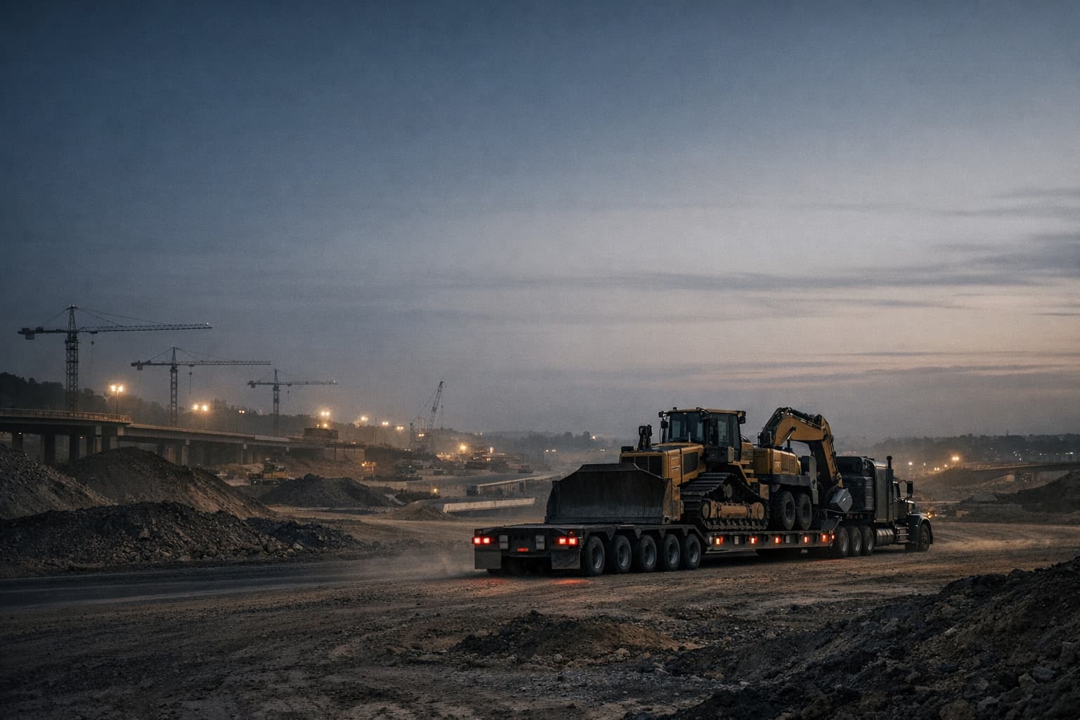 Heavy-haul construction equipment transport scene