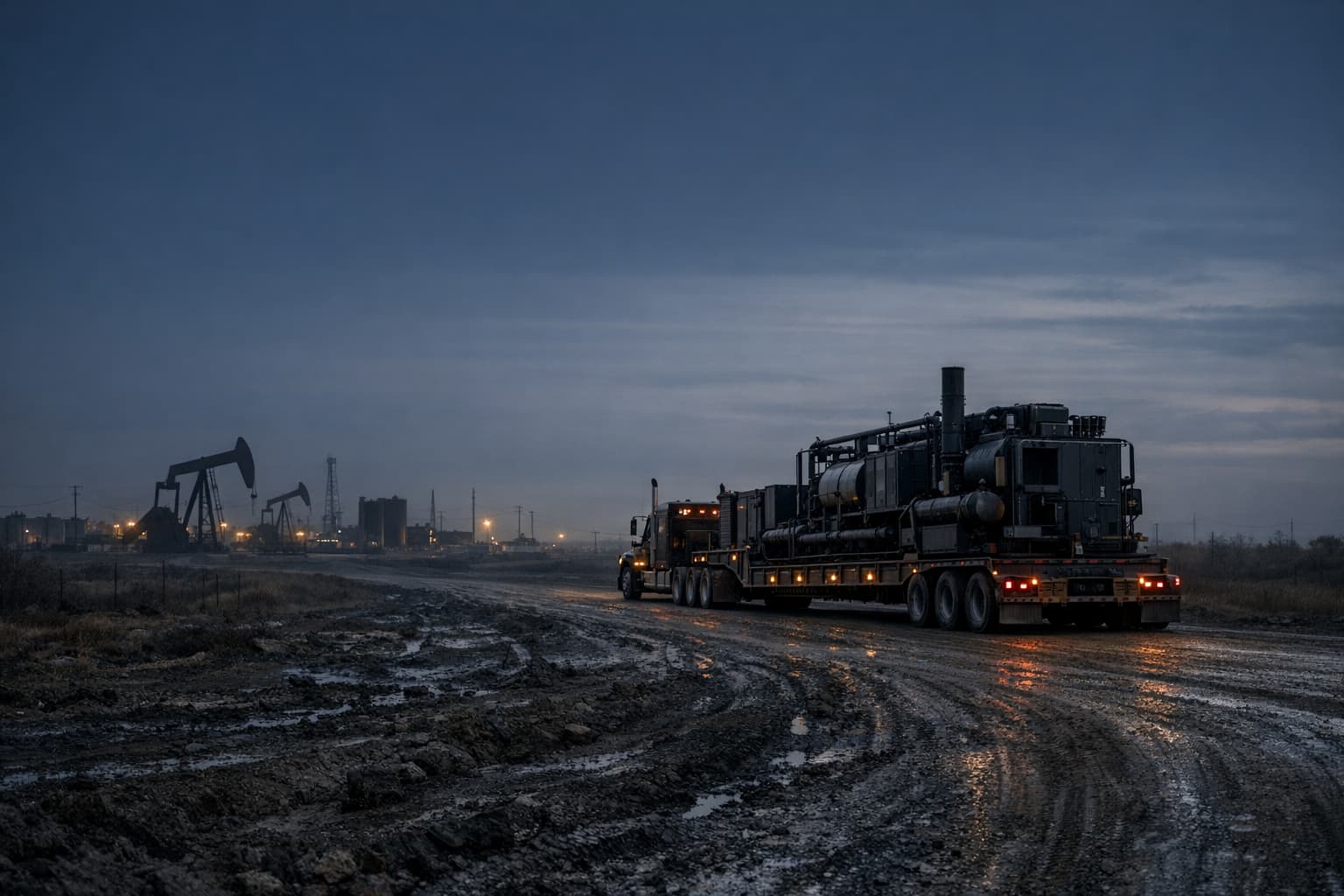 Heavy-haul oilfield equipment transport scene